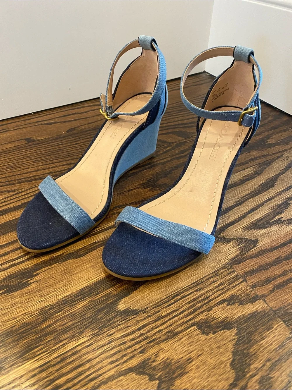 Coach Two-Tone Blue Denim Ankle-Strap Wedge Sandals